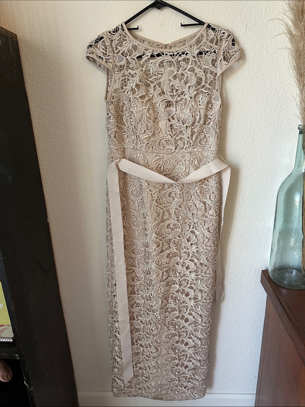 Adrianna Papell Champagne Lace Cap-Sleeve Maxi Dress with Sash